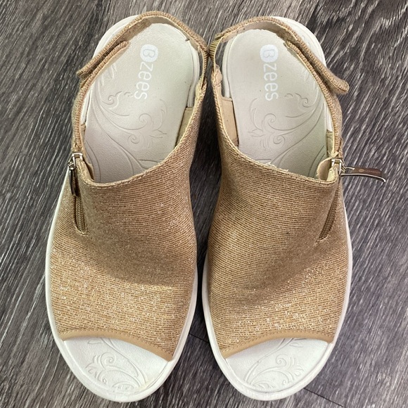 Bzees Delicious Gold-22 Glittery canvas open toe Velcro ankle strap Zees sandals - Picture 3 of 17